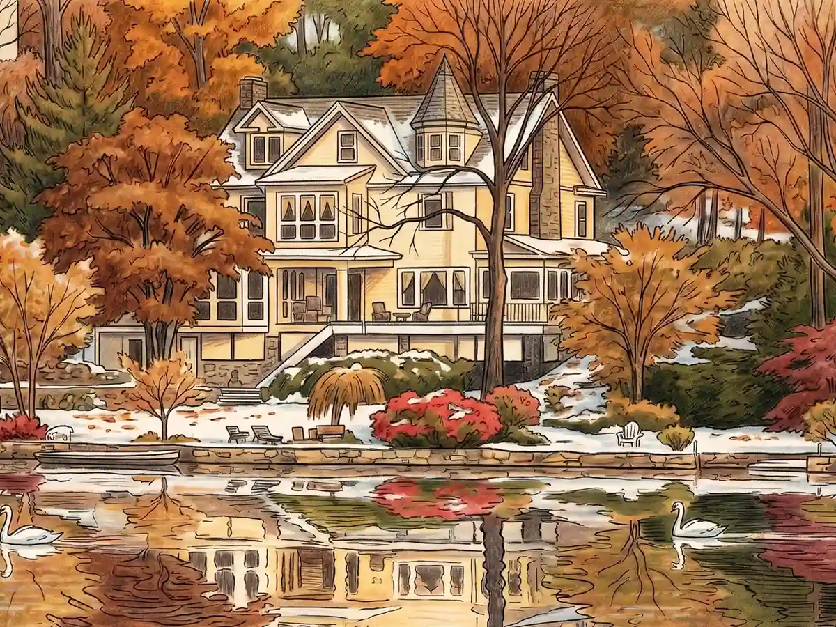 Illustrated autumn scene of a lakefront home with a turret, surrounded by fall foliage and light snow, with swans on the calm water in Mountain Lakes, NJ.