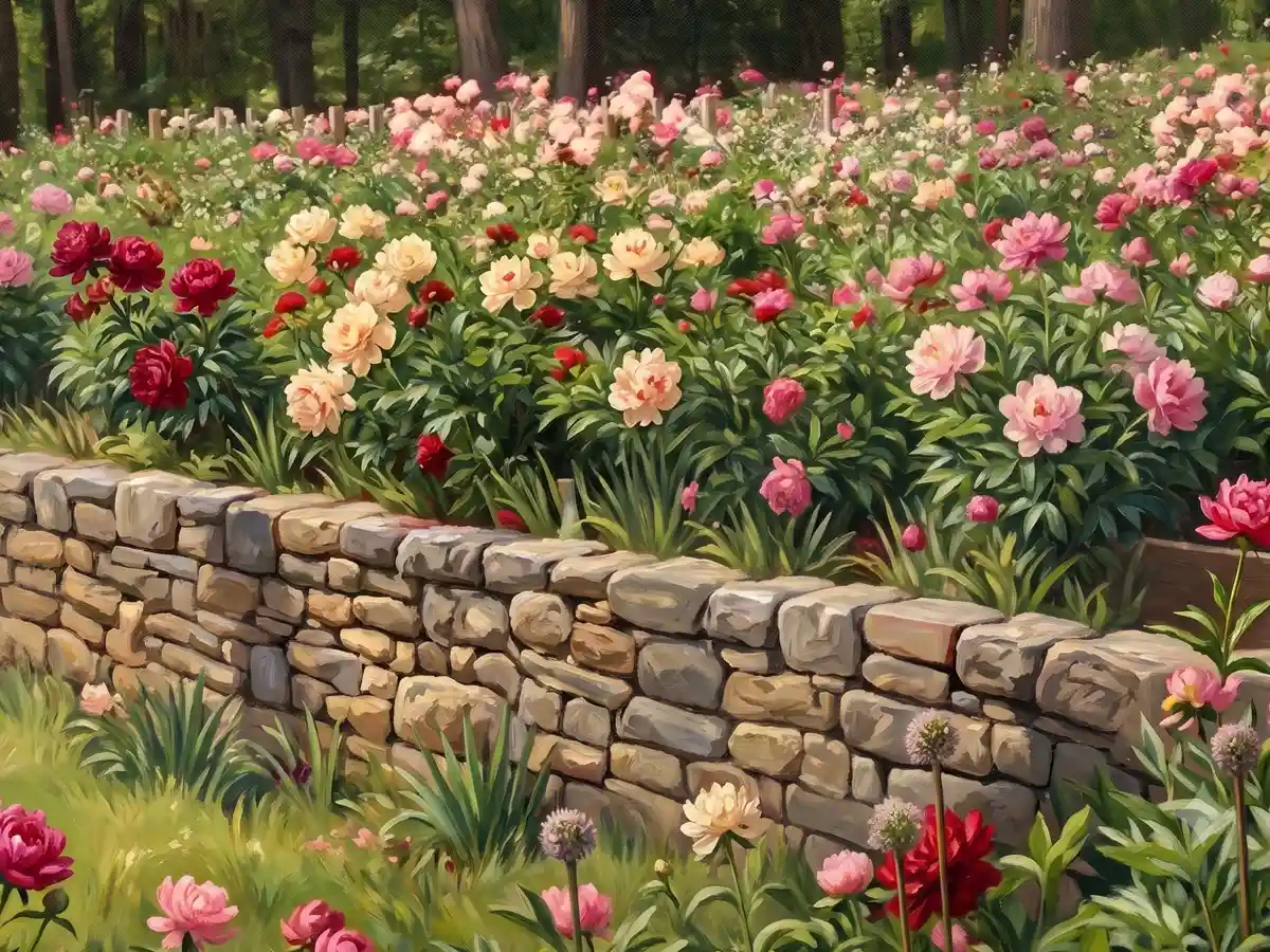 Illustrated dry-stone garden wall backed by blooming pink, cream, and red peonies at a park in Bernardsville, NJ.