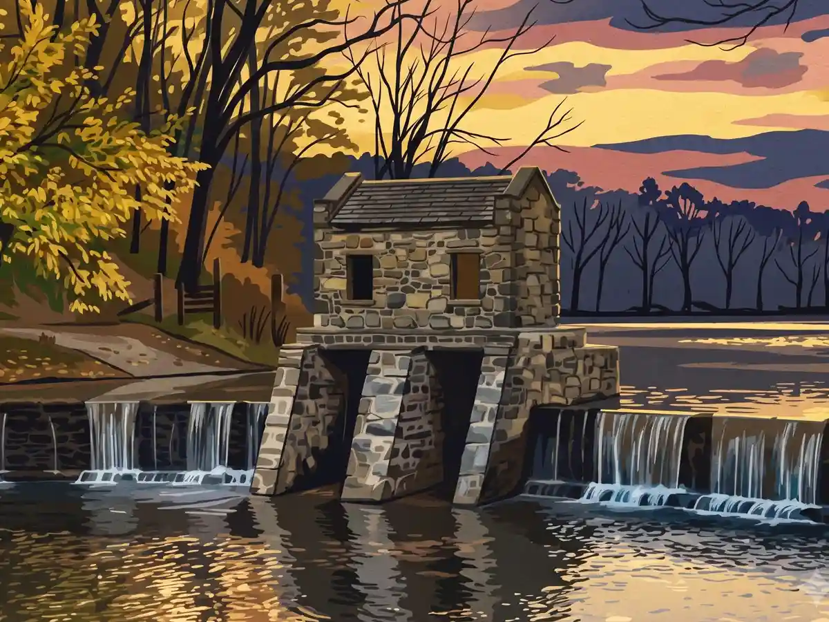 Illustration of stone gatehouse and twin waterfall spillway on the Speedwell Lake dam in Morristown, NJ, framed by autumn trees at sunset.